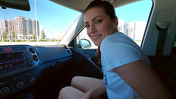 POV car ride with a busty milf who enjoys swallowing cum